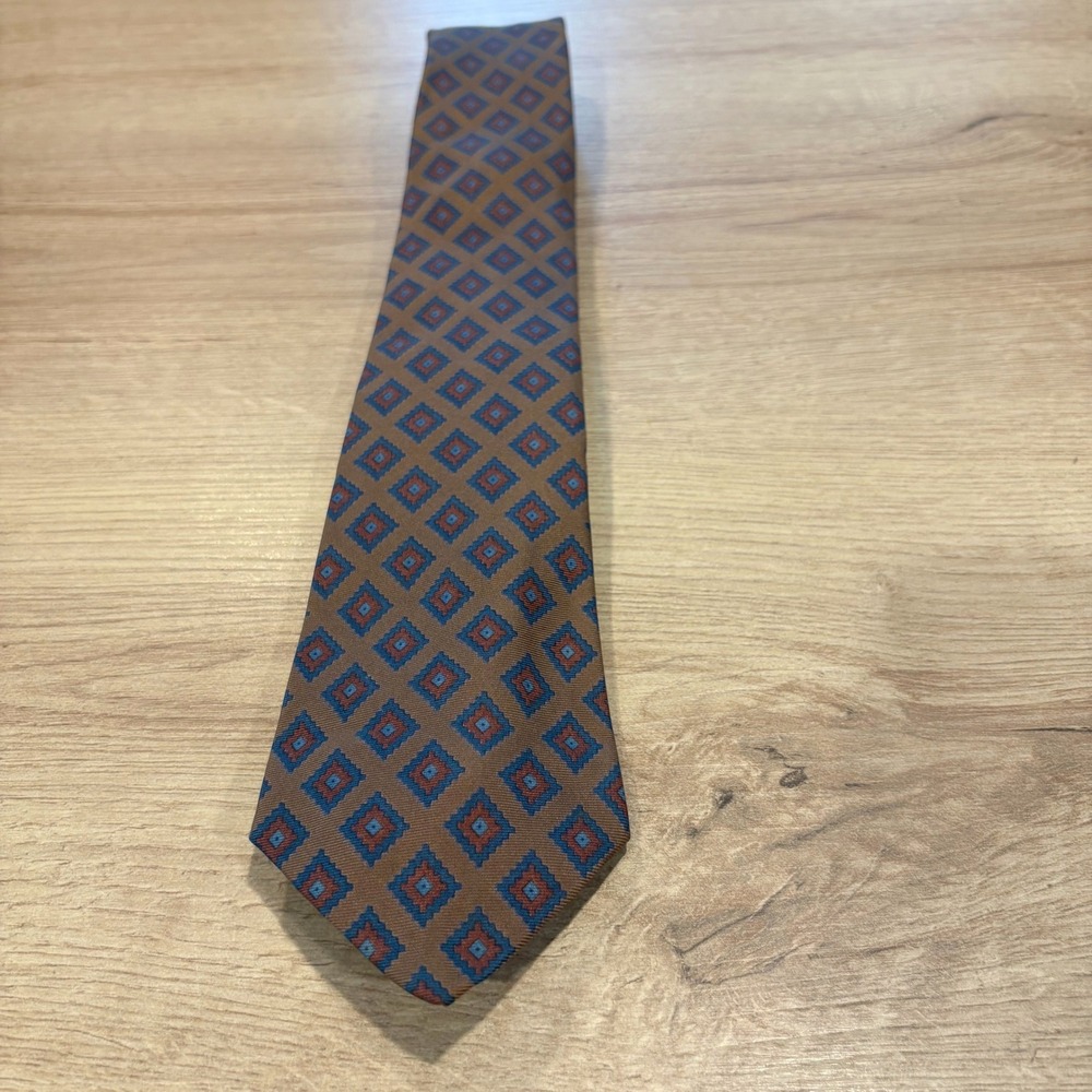 Ferrari Vintage Pure Silk Tie Brown Geometric Diamond Pattern Mens Necktie 1978